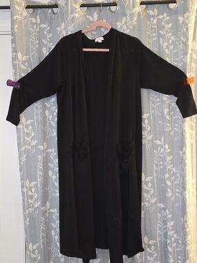 Midweight Black Open Front Long Cardigan/ Duster with Pockets